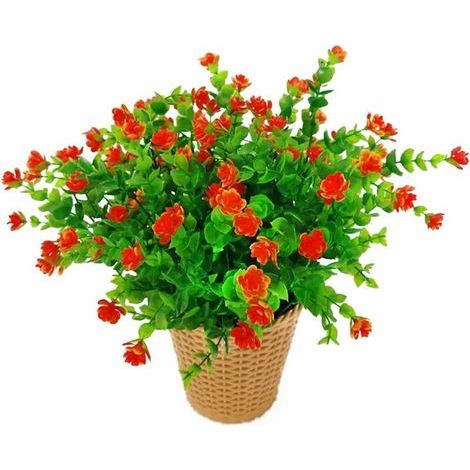 Fleurs d'eucalyptus artificielles vertes Bouquet de plantes artificielles en plastique Fleurs de décoration pour jardin/maison/mariage/fête 4 pièces (rouge coucher de soleil) (1/5)
