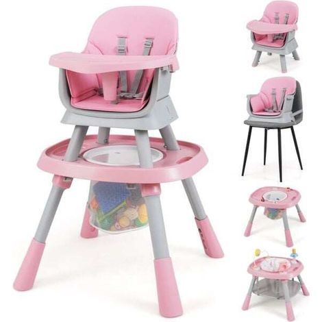 Chaise haute bébé rose convertible 16 en 1 avec plateau amovible, harnais 5 points et table réversible pour repas, jeux et activités (1/5)