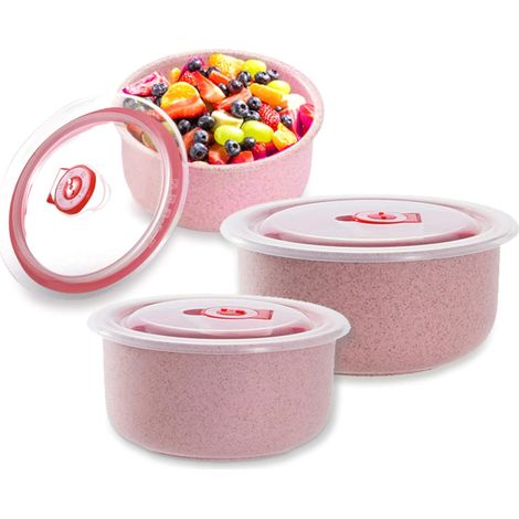récipient de soupe, bol de récipients alimentaires, Ensemble de 3 bols frais écologiques en paille de blé et en plastique, bol frais dune capacité de  avec couvercle(rose), (1/3)