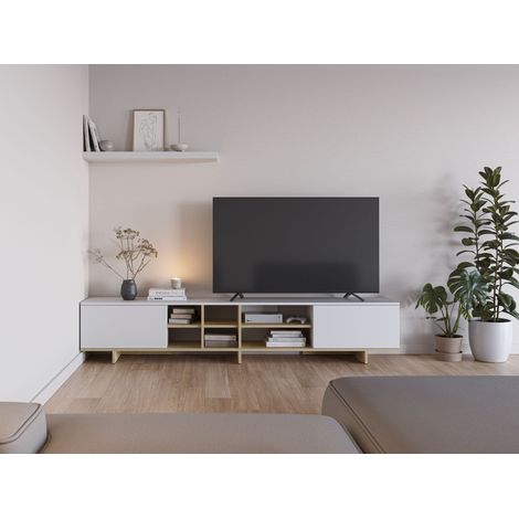 Meuble TV 2 portes 6 niches 230x35x44 cm effet chêne et blanc (1/5)