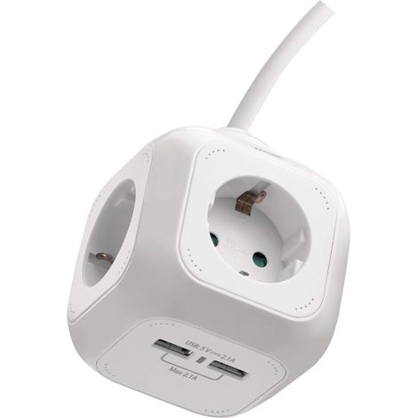 EMOS P04219GU cubo con 4 Prese e 2 Porte USB Schuko, Cavo da 1,9 m, Supporto da Parete, Protezione per Bambini, Bianco (1/4)
