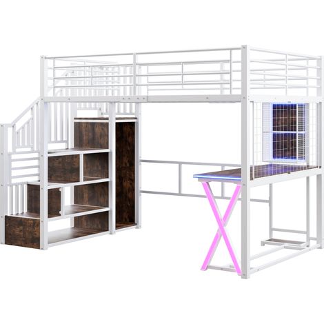 Cama alta 140 x 200 cm con LED, escritorio, armario y estantes, blanca (1/5)