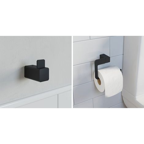 Bathroom WC Set Robe Hook Toilet Roll Holder Black Square Wall Mounted Stylish (1/5)