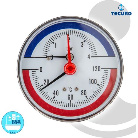 tecuro Ø 80 mm Bi-Metall Thermometer 0 - 120°C Manometer 0-4 bar, 1/2 Zoll, axial, mit Montageventil