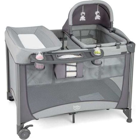 Parc bébé gris 5 en 1 pliable avec berceau amovible, table à langer et jouets pour maison, voyage et chambre (1/5)