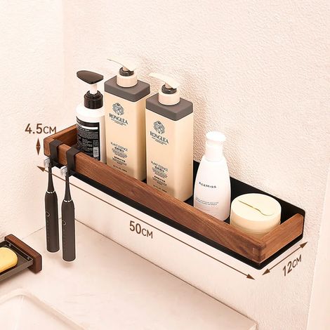 (NOIR 50CM) Étagère de cuisine en bois noir, montage par vis, organisateur de maquillage, étagère d'angle en métal, étagère de rangement, étagère murale de douche, salle de bain (1/5)