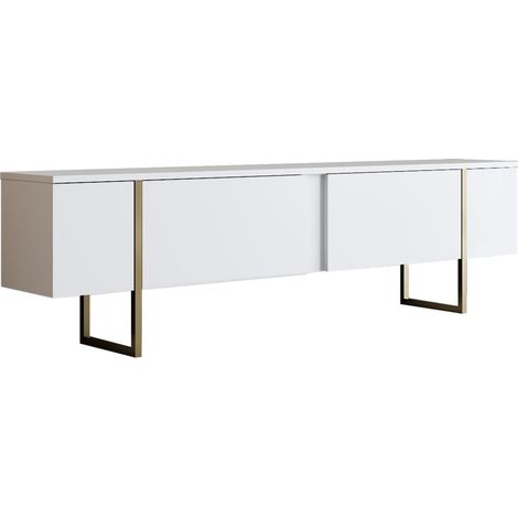 Meuble TV moderne 2 portes battantes en bois et pieds en acier Taky 180cm-Couleur Blanc et doré (1/5)