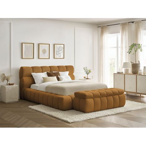 BOBOCHIC - Lit coffre MONT-BLANC + Bout de lit MONT-BLANC tissu bouclette 140x190 + bout de lit 140 Jaune (1/5)