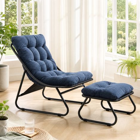 Sillón de jardín reclinable con reposapiés, cojín azul marino, acero HAVRYA (1/5)