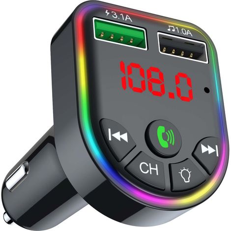 F5 Car Bluetooth 5.0 Seven-Color Breathing Ambient Light, Bluetooth Car MP3, FM Radio Playback, LED Display - Black (1/3)