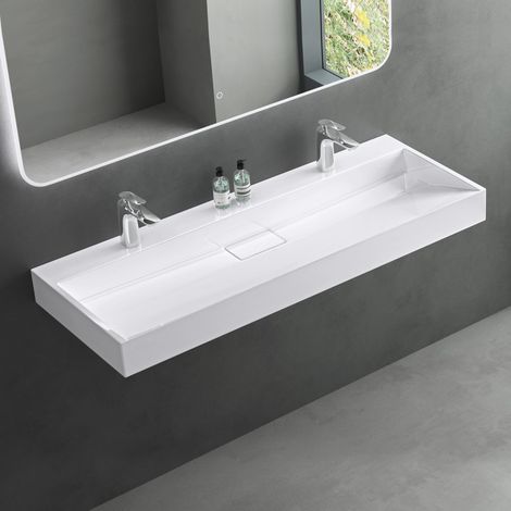 Mai & Mai Lavabo da Appoggio 120x46x11cm, Lavabo Bagno Sospeso Lavandino Bagno con Piletta di Scarico Lavabo da Minerale fuso, Due Fori per Rubinetteria, Colossum19-1200 (1/5)