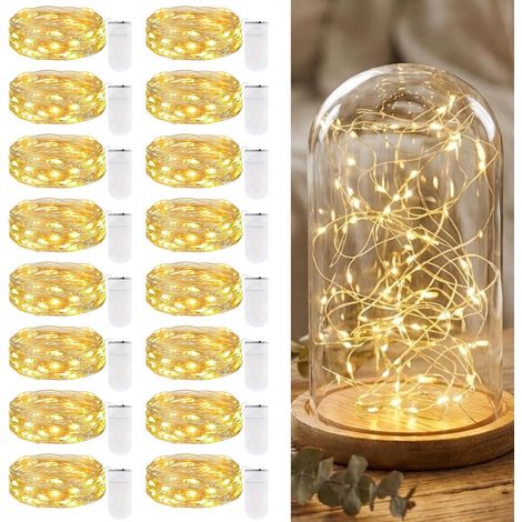 Lot de 16 mini guirlandes lumineuses LED avec piles, 2 m, 20 LED, fil de cuivre, guirlande lumineuse à piles, micro guirlande lumineuse étanche, pour Noël, fête, décoration intérieure, blanc chaud (1/5)