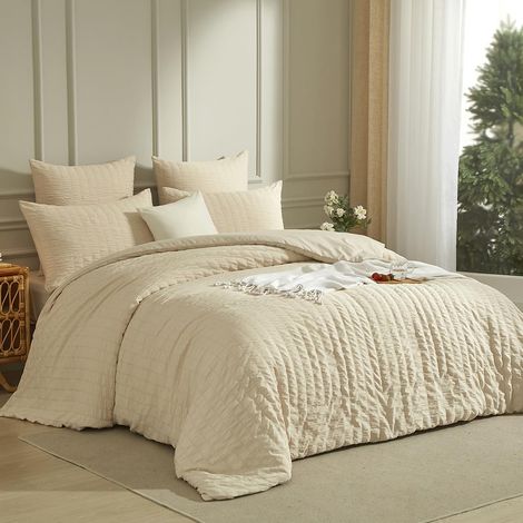 Housse de Couette 220x240 Seersucker Beige Crème Unie Parure de Lit 2 Personnes Adulte Linge de Lit en Microfibre Uni Parure Housse Couette zippée avec 2 Taies d'oreiller 65x65 (1/5)