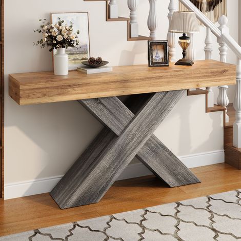 Console d'entrée avec pieds en forme X – Design étroit, finition effet bois en panneaux de particules – Dimensions 140x80 cm – Idéale pour entrée et salon (1/5)