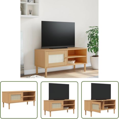 The Living Store Meuble TV SENJA aspect rotin marron 106x40x49cm bois massif pin - Meuble Tv - Meuble Salon - Meuble Tv Moderne - Meuble Tv Design - Meuble Tv Industriel (1/5)