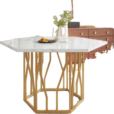 Table à manger, design hexagonal, cadre en métal élégant, Blanc doré (1/2)