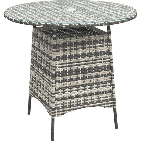 Wicker Garden Rattan Table, Patio Furniture Outdoor Coffee Table with Umbrella Hole and Tempered Glass Top, Grey