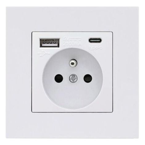 Panneau de prises françaises Type-c+USB16A Type 86, nombre de prises : 2 trous, nombre de ports USB : 1, nombre de ports type-c : 1, sûr et ferme(carré blanc) (1/5)
