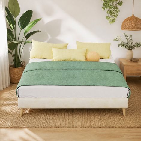Lit 140x200 beige tissu métal avec tête géométrique HAVRYA (1/5)