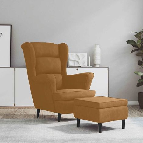 vidaXL Sillón orejero y taburete de terciopelo marrón (1/5)