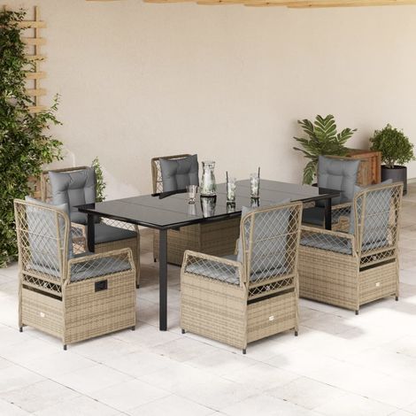 Salon de jardin 7 pièces en poly rotin beige, table noire et 6 fauteuils inclinables - PANGIVO (1/5)