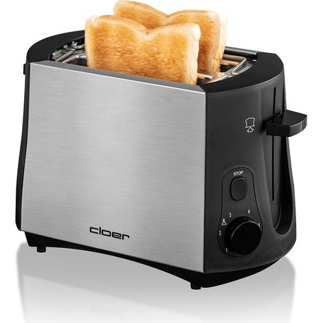 Cloer 3419 Grille-Pain pour 2 tranches de toast, support pour petits pains intégré, Élevateur de tranches de pain, Tiroir à miette, 825 W, acier inoxydable mat/ noirs (1/5)