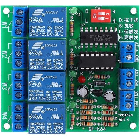 K64 A-12V 4-Kanal-Relaismodul, einstellbare Empfindlichkeit, Hoch-/Niedrigpegel-Trigger, Selbstverriegelungsschalter (1/4)
