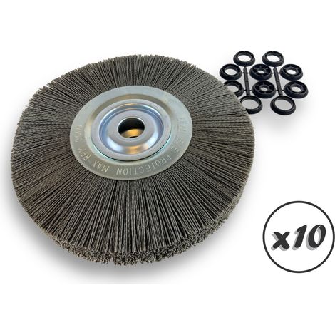 Lot de 10 brosses circulaires NYLON Abrasif  Ø 300 mm  Epaisseur 3 rangs  Carbure de silicium Grain 80  Alésage 32 mm + réducteur bague 25/22/20/16/12 mm  Touret ponceuse  Kibros 231303KR80x10 (1/5)
