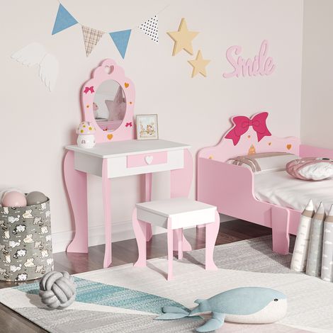 Tocador de Madera Infantil con Taburete y Espejo Centro de Belleza con 1 Cajón para 3-6 Años 50x36,5x89,5cm Rosa (1/5)