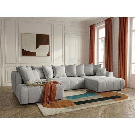 BOBOCHIC - Canapé panoramique convertible ROXELANE tissu bouclette Angle droit  Gris clair (1/5)