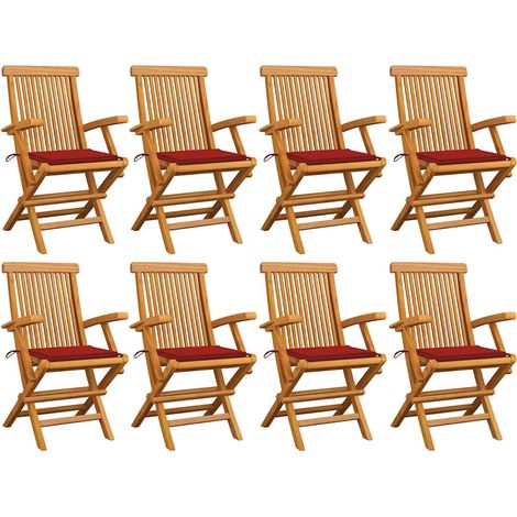 Chaises de jardin avec coussins rouge lot de 8 Teck massif (1/5)