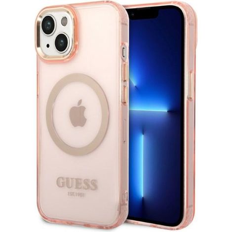 Guess GUHMP14SHTCMP iPhone 14 / 15 / 13 6,1" pink/pink Hartschalenetui Gold Outline Translucent MagSafe (1/5)