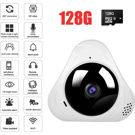 (128 Go) Caméra panoramique WiFi fisheye 360°, protection de sécurité, maison intelligente. (1/5)