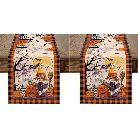 Camino de mesa de Halloween con gnomos, 33 x 183 cm. Decoración de mesa de Halloween con fantasmas, calabazas y murciélagos para el hogar (2 piezas). (1/5)