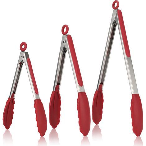 Pince Cuisine Lot de 3 Pinces Barbecue en 18/8 Acier Inoxydable Ustensiles Cuisine avec Poignée Silicone Résistante à La Chaleur 315℃ Pince Buffet Anti-adhé, sans BPA (Rouge) (1/5)