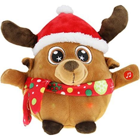 Musikalische, animierte Weihnachtsdekoration mit Weihnachtsmann- und Rentierfigur, weiches, leuchtendes LED-Plüschtier, singende Weihnachtspuppe, Dekoration für Kamin, Zuhause oder Büro, Weihnachtssch (1/5)