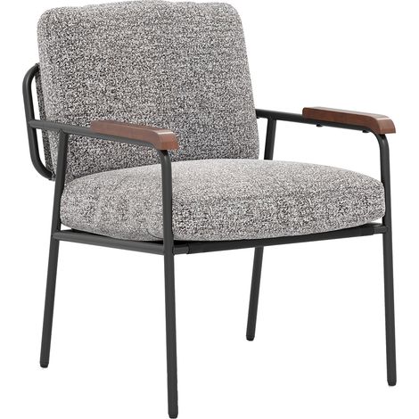 Fauteuil d'Accent, Chaise de Salon avec Coussin Dorsal, Siège Large Rembourré, Accoudoirs en Bois Massif, Cadre en Métal, Chaise de Lecture, Gris (1/5)