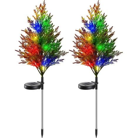 Deux lampes solaires d'extérieur, lampes solaires LED, guirlandes lumineuses multicolores clignotantes en forme de pin, avec interrupteurs étanches, adaptées à l'éclairage décoratif extérieur (1/5)