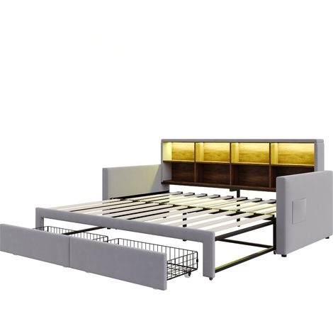 Lit banquette extensible 90x190 cm en velours gris clair avec rangements et LED (1/5)