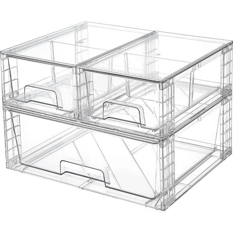 Rangement Tiroir Empilable, Rangement Tiroir, Transparent, 3 Pack PET, Montage Simple et Démontable, pour Salle de Bain, Cuisine, Chambre, sous l’Évier, Meubles et Réfrigérateur (1/5)