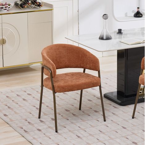 Esszimmerstuhl aus Chenille in Orange mit Armlehnen, Metallgestell in Antikmessing-Optik, 1 Stuck,57×54.5×79.5cm (1/5)