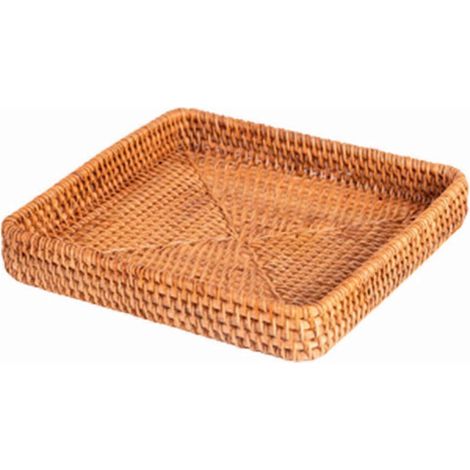 Plateau en rotin tressé à la main, plateau de service carré en rotin tressé à la main, panier de rangement pour comptoir de salle de bain, table basse ou coiffeuse. (1/4)