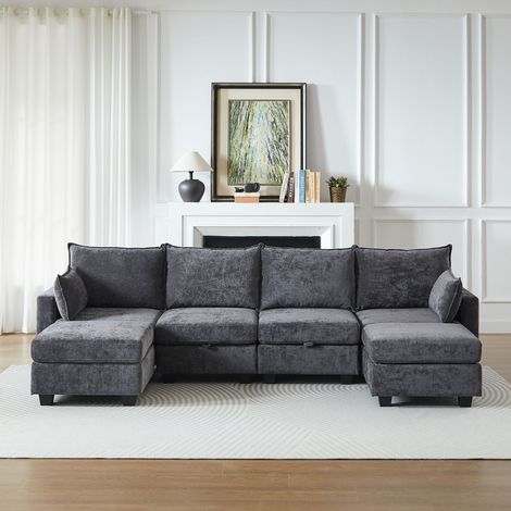 Ecksofa Chenille Grau, modulares Schlafsofa mit Stauraum, flexibel als L- oder U-Form