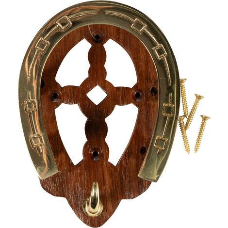 Taglia unica, legno: Portabriglie a forma di ferro di cavallo in ottone massiccio e legno
