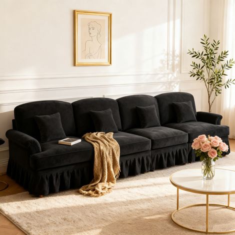 Canapé droit 4 places 350 cm + jupe plissée en tissu noir - INGLA (1/5)