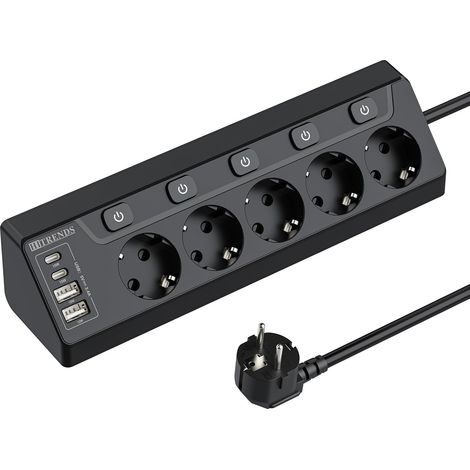 Multiprise d'angle avec USB, 5 prises avec interrupteur, multiprise avec 2 USB et 2 Type-C, protection contre les surtensions 9 en 1 avec câble de 2 m, pour smartphones, tablettes, maison, noir (1/5)