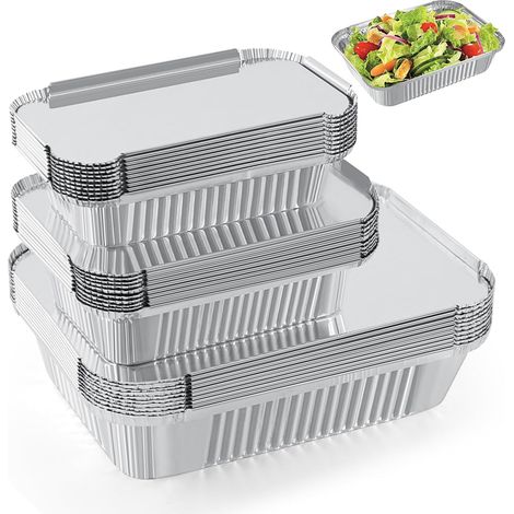 30 Pièces Barquette Aluminium avec Couvercle,10 chacun 1750ml/700ml/410ml,Barbecue Réutilisables,Barquette Alimentaire Jetable pour Cuisiner,Griller,Cuire. (30 Pack w/Lids) (1/5)