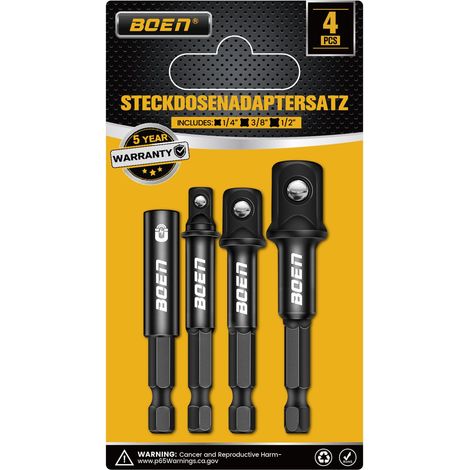 Adaptateur de visseuse à percussion et porte-embout magnétique Lot de 4 rallonges de tige hexagonale de 1/4" à entraînement 1/4", 3/8" et 1/2" (1/5)