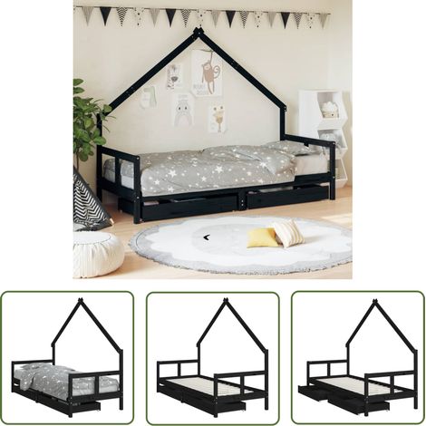 The Living Store Kinderbett mit Schubladen Schwarz 80x200 cm Massivholz Kiefer - Kinderbett - Holzkinderbett - Kiefernholzkinderbett - Kinderzimmer Dekoration - Spielkinderschlafplatz (1/5)