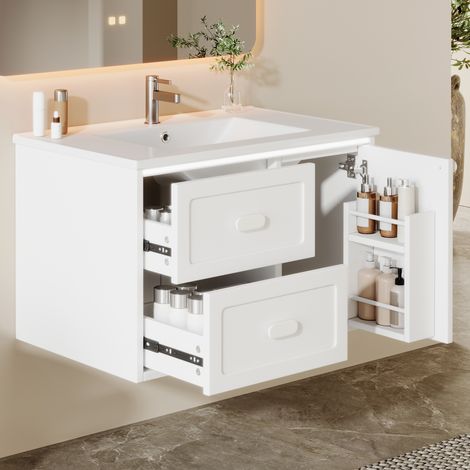 Armoire murale, éclairage LED, avec tiroirs, blanc, 76 x 46 x 51 cm, pour salle de bain, rangement pratique, format gain de place